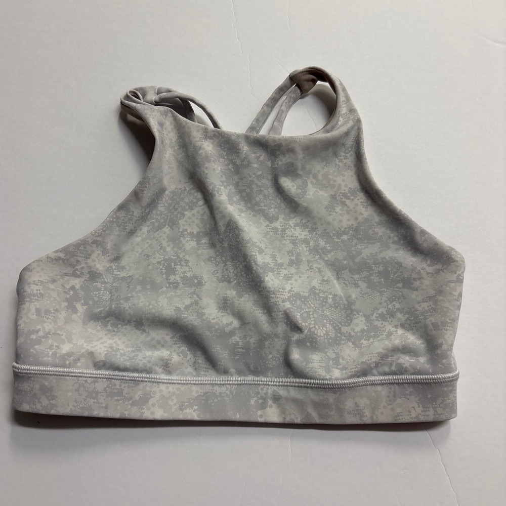 Lululemon Energy Bra High Neck Grey White Floral Camo Strappy Sports Bra Size 8